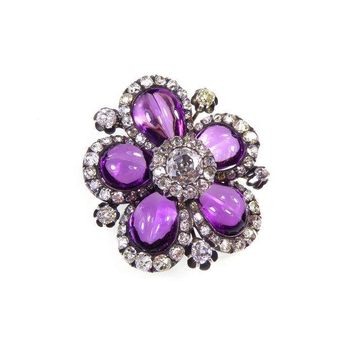 Carved cabochon amethyst and diamond cluster flowerhead pendant | MasterArt